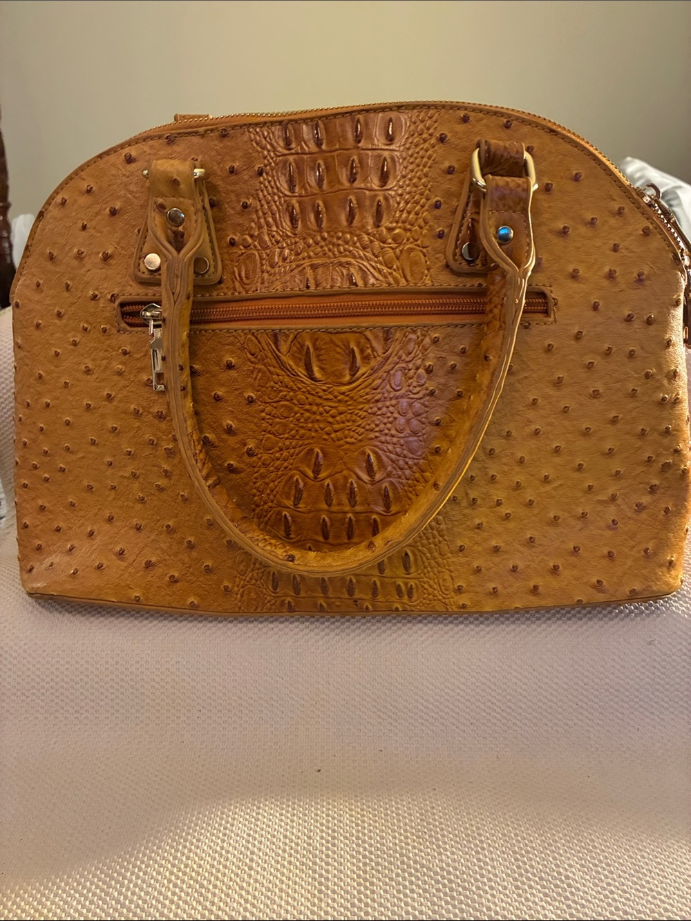Unbranded Classic Textured Dome Satchel in Cognac Brown-faux ostrich leather
